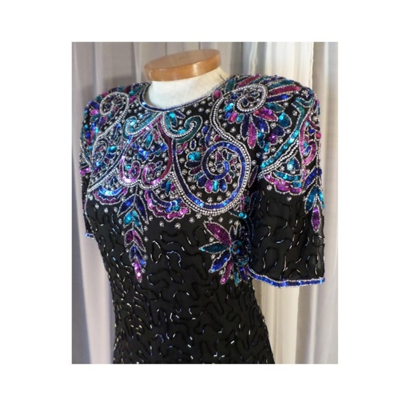 Silk Size 6 Dress Bead Sequin Black Red Gold VTG - Picture 6 of 8